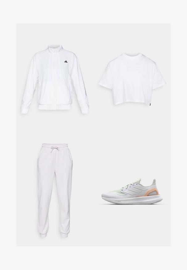 Weiße Sportjacke mit Stehkragen, langen Ärmeln und Reißverschluss vorne. Mit einem schwarzen Logo auf der oberen linken Seite. Glatte Textur.; Weißes, kurzes T-Shirt aus weicher Baumwolle, mit kurzen Ärmeln, rundem Ausschnitt und einem sauberen, minimalistischen Design.; Helle graue Sweatpants aus weichem Stoff, mit elastischem Bund und Kordelzug, Seitentaschen und schmal zulaufenden Beinen mit gerippten Bündchen.; Weißer Sportschuh mit hellgrünen Akzenten, Mesh-Obermaterial, Gummisohle und strukturierten Details. Mit "LIGHT BOOST"-Markenaufdruck an der Seite.