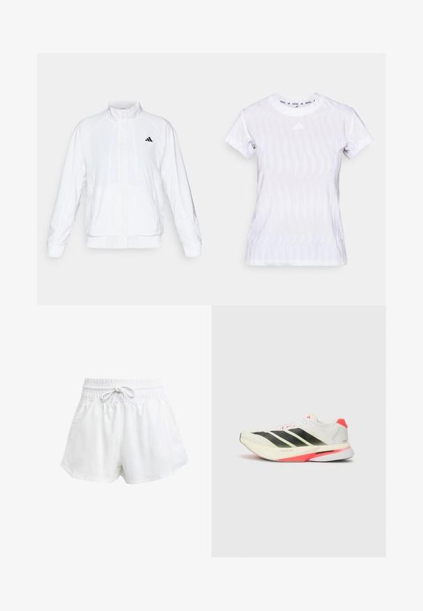 Biela športová bunda so stojatým golierom, dlhými rukávmi a zipsom vpredu. Obsahuje čierne logo na hornej ľavej strane. Hladká textúra.; Biela krátkostranná športová tričko s textúrovaným dizajnom, sieťovinou a malým logom v oblasti stredu hrudníka.; Biele športové šortky s elastickým pásom a nastavitelnou šnúrkou. Vyrobené z ľahkého materiálu, s bočnými vreckami a voľným strihom.; Biele bežecké tenisky s čiernymi pruhmi, neonovo zelenými akcentmi a červeným opätkom. Obsahujú textúrovaný vrchný materiál z mäkkej sieťoviny a ľahkú podrážku pre pohodlie.