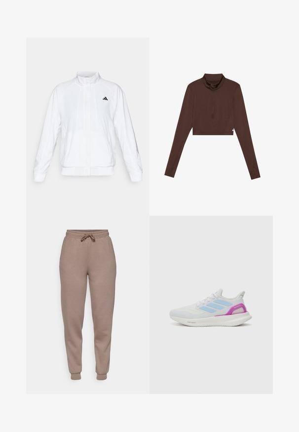 Hvid atletisk jakke med opretstående krave, lange ærmer og lynlås fortil. Har et sort logo på den øverste venstre side. Glat tekstur.; Brun langærmet cropped top med stående krave og kvart-lynlås. Glat tekstur med flade sømme, velegnet til aktivt tøj.; ONLY Play ONPLOUNGE LIFE REG NOOS - Træningsbukser - walnut; adidas Performance PUREBOOST 5 - Løbesko til landevejen - white/glow blue/purple burst