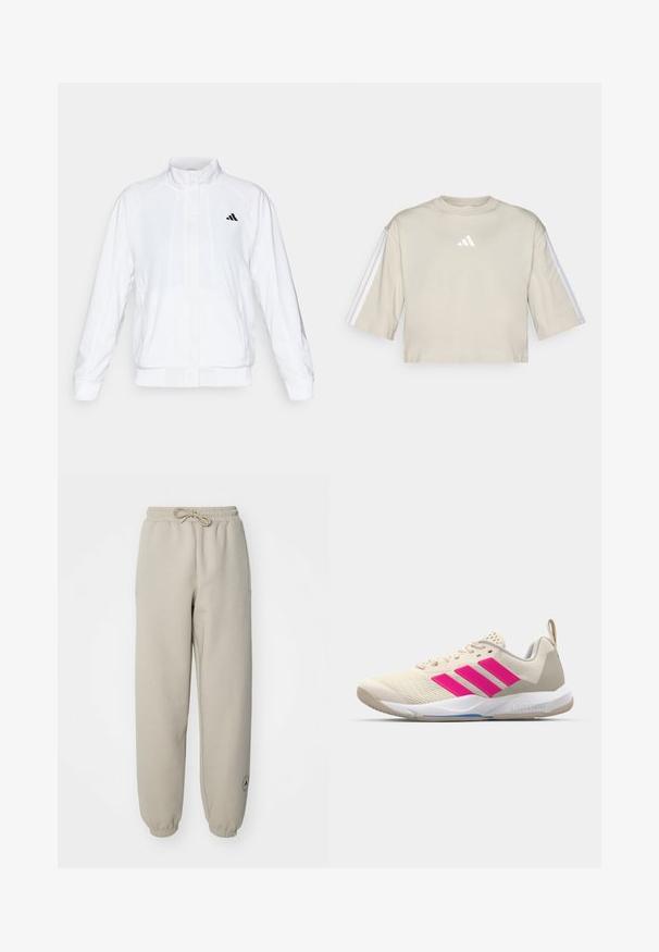 Bijela atletska jakna s uzdignutim ovratnikom, dugim rukavima i patentnim zatvaračem sprijeda. Ima crni logo na gornjem lijevom dijelu. Glatka tekstura.; Skraćeni bež majica od mekog pamuka. Ima okrugli izrez, oversized kratke rukave i tri bijele pruge na oba rukava.; Bež dukserice s elastičnom trakom i vezicom, koje imaju bočne džepove i detalj s logotipom na donjem dijelu nogavice. Teksturirana tkanina.; Bež sportska cipela s ružičastim logotipom u obliku tri pruge, gornjište od teksturirane mrežice, podstavljeni ovratnik i bijela gumena đon, s "LIGHTSTRIKE" brendom.