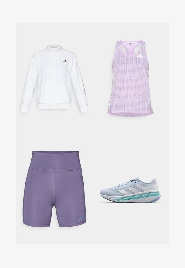 Chaqueta deportiva blanca con cuello alto, mangas largas y cierre de cremallera frontal. Presenta un logo negro en la parte superior izquierda. Textura suave.; Camisa deportiva morada sin mangas, con una tela texturizada y con estampado. Presenta cortes a los lados y un pequeño logo blanco en la parte delantera.; Pantalones cortos deportivos de color púrpura con una cintura alta, textura suave y un logo azul en contraste en la parte inferior izquierda. Presentan costuras planas.; Zapatillas deportivas azul claro con un upper de punto texturizado, acentos blancos y una suela intermedia verde transparente. Punta redondeada y cuello acolchado.