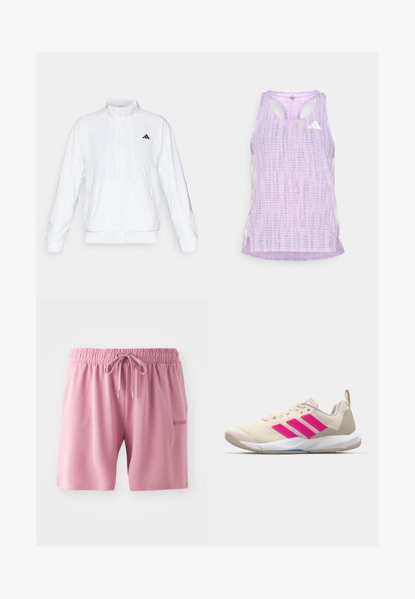 Vit idrottsjacka med ståkrage, långa ärmar och dragkedja fram. Innehåller en svart logotyp på övre vänstra sidan. Slät textur.; Lila sporttopp i ett mönstrat, texturerat tyg. Den har utskurna sidor och en liten vit logga på framsidan.; Ljusrosa shorts i mjukt tyg, med elastisk midja och dragsko samt en liten logotyp på sidan.; Beige idrottssko med rosa tre-stripes logotyp, texturerad meshöverdel, vadderad krage och vit gummisula, med "LIGHTSTRIKE"-branding.