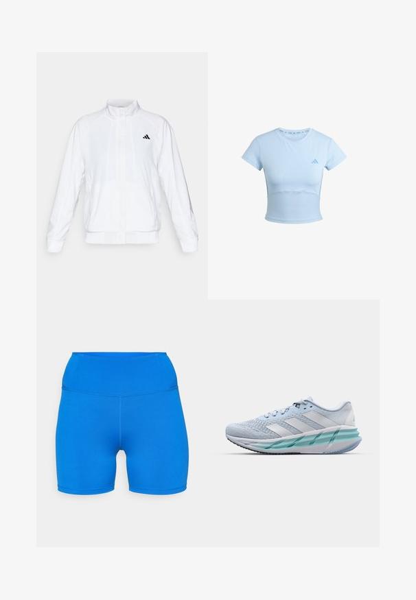 Giacca sportiva bianca con colletto alto, maniche lunghe e zip frontale. Presenta un logo nero nella parte superiore sinistra. Texture liscia.; T-shirt atletico azzurro chiaro, cropped, con maniche corte, sezione inferiore a costine e logo discreto sul petto. Tessuto liscio, design aderente.; Shorts sportivi blu realizzati in un tessuto elastico e traspirante. Caratterizzati da vita alta e design senza cuciture, ideali per comfort e libertà di movimento.; Scarpe da ginnastica azzurro chiaro con tomaia in maglia testurizzata, accenti bianchi e suola intermedia verde trasparente. Punta rotonda e colletto imbottito.