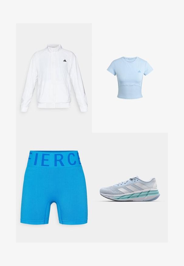 Giacca sportiva bianca con colletto alto, maniche lunghe e zip frontale. Presenta un logo nero nella parte superiore sinistra. Texture liscia.; T-shirt atletico azzurro chiaro, cropped, con maniche corte, sezione inferiore a costine e logo discreto sul petto. Tessuto liscio, design aderente.; Pantaloni corti sportivi blu realizzati in tessuto elasticizzato, con una fascia ampia in vita che riporta la parola "Fierce" in blu scuro. Superficie liscia e design aderente.; Scarpe da ginnastica azzurro chiaro con tomaia in maglia testurizzata, accenti bianchi e suola intermedia verde trasparente. Punta rotonda e colletto imbottito.