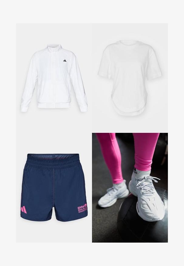 Fehér sportdzseki álló gallérral, hosszú ujjal és cipzáros elülső résszel. A bal felső oldalon fekete logó található. Simább textúrája van.; Fehér pamut póló, kerek nyakkivágással, rövid ujjakkal és ívelt alsó résszel. Simább textúrájú, minta vagy díszítés nélkül.; adidas Performance BER25 OTR SHORTS - Sport rövidnadrágok - collegiate navy; Fehér sportcipők, légáteresztő hálóval és szintetikus rétegekkel, fűzős kialakítással és ívelt designnal, egy fekete gyógyszerlabdán pihennek, sötét háttér előtt.