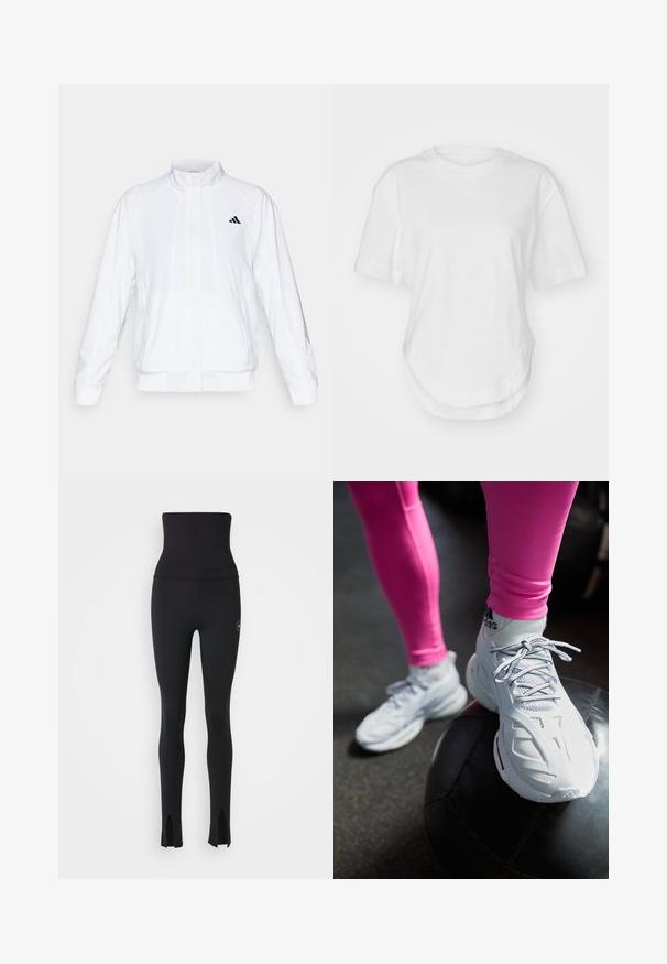 Bela atletska jakna s visokim ovratnikom, dolgimi rokavi in zadrgo spredaj. Ima črni logotip na zgornji levi strani. Gladka tekstura.; Bela bombažna majica s krožnim izrezom, kratkimi rokavi in ukrivljenim robom. Gladka tekstura brez vzorcev ali dodatkov.; adidas by Stella McCartney Pajkice - black; Bele športne čevlje z mrežnimi in sintetičnimi nadlogami, ki imajo vezalke, ukrivljen design, počivajoči na črni medicinski žogici, v temnem ozadju.