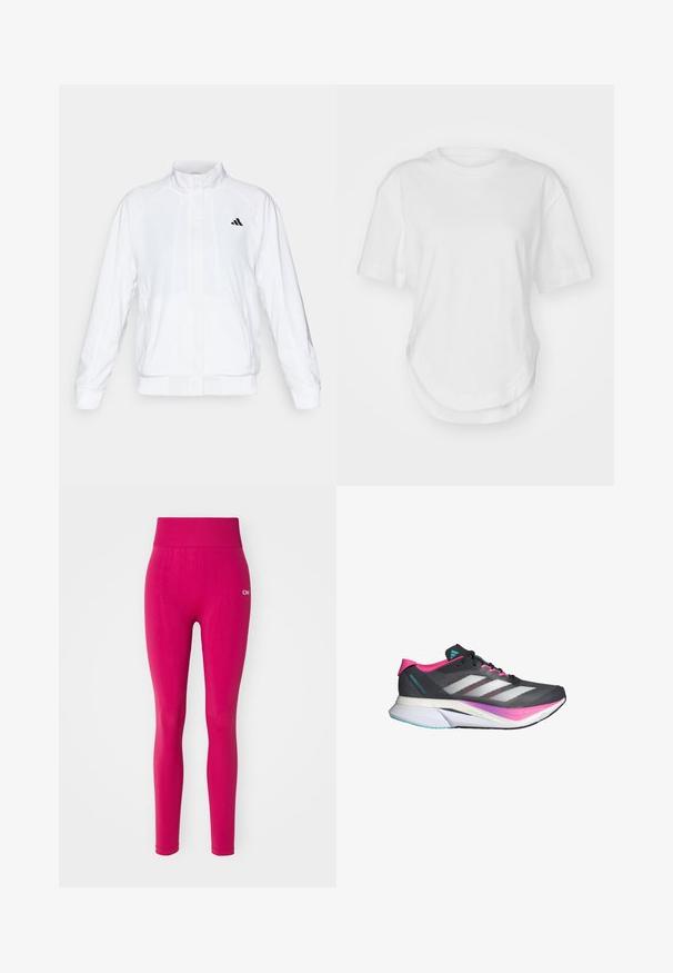 White athletic jacket with a stand-up collar, long sleeves, and a zip front. Features a black logo on the upper left side. Smooth texture.; White cotton t-shirt featuring a round neckline, short sleeves, and a curved hem. Smooth texture with no patterns or accents.; Fitted pink leggings with a high waistband, made of smooth, stretchy material featuring textured panels along the legs. Brand logo in white.; Running shoe with a gray mesh upper, pink accents, and white stripes. Features a cushioned sole and a sleek, aerodynamic design.