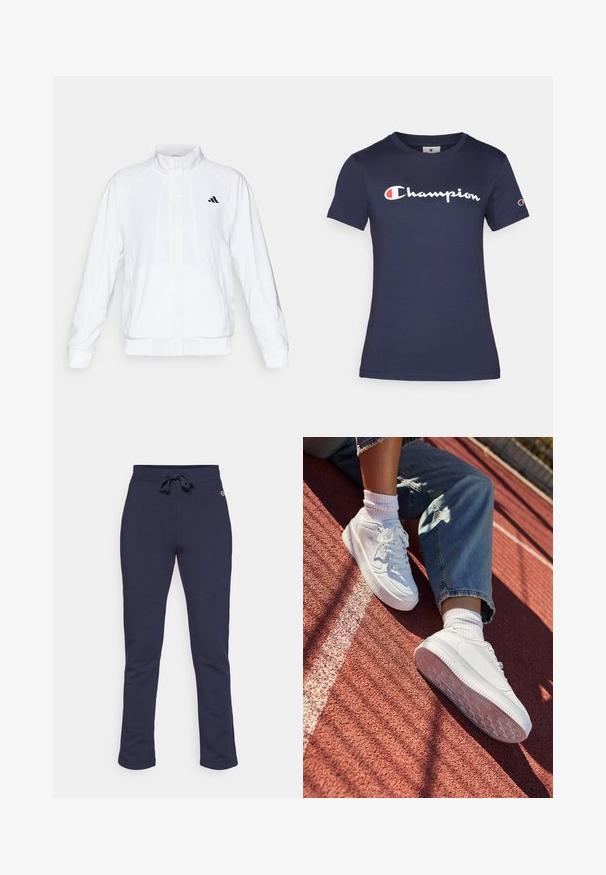 Bela atletska jakna s visokim ovratnikom, dolgimi rokavi in zadrgo spredaj. Ima črni logotip na zgornji levi strani. Gladka tekstura.; Temno modra bombažna majica s kratkimi rokavi, z belim logotipom "Champion". Redna prileganje s krožnim ovratnikom in mehko teksturo.; Mornarsko modri trenirki, izdelani iz mehkega blaga, z nastavljivim pasom na vrvico, ravnimi hlačnicami in majhnim logotipom na strani.; Bele usnjene športne copate s perforiranim prstom, ravne vezalke in gumijastim podplatom. Obute z belimi nogavicami in svetlo modrimi kavbojkami, na rdečem tekaškem stadionu.
