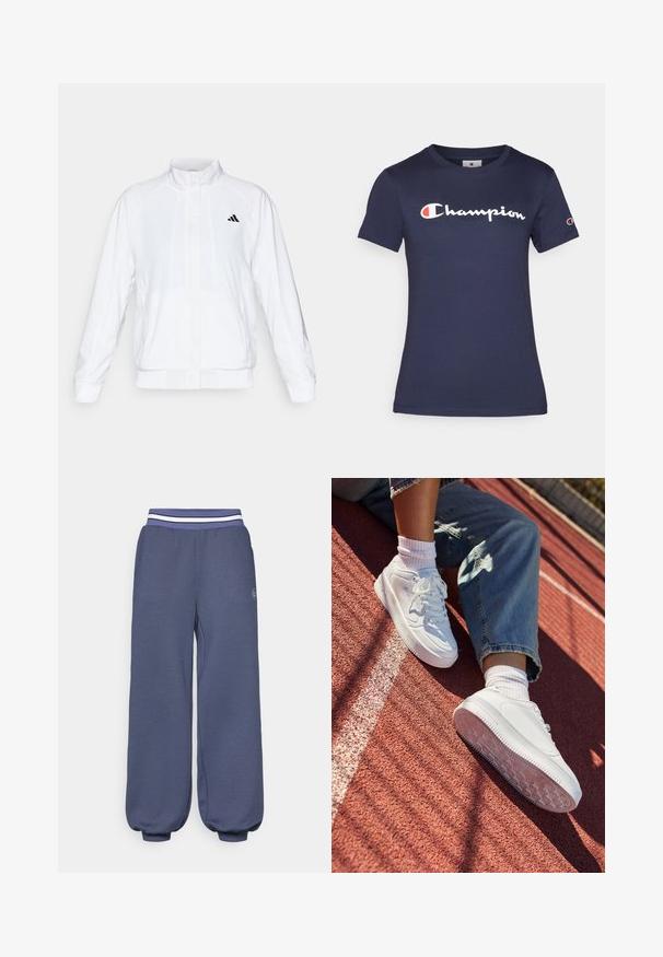 Bela atletska jakna s visokim ovratnikom, dolgimi rokavi in zadrgo spredaj. Ima črni logotip na zgornji levi strani. Gladka tekstura.; Temno modra bombažna majica s kratkimi rokavi, z belim logotipom "Champion". Redna prileganje s krožnim ovratnikom in mehko teksturo.; Temno modri trenirka z elastičnim pasom, ki ima bele črte. Ohlapen kroj z ozkimi manšeti pri gležnjih in teksturirano tkanino.; Bele usnjene športne copate s perforiranim prstom, ravne vezalke in gumijastim podplatom. Obute z belimi nogavicami in svetlo modrimi kavbojkami, na rdečem tekaškem stadionu.