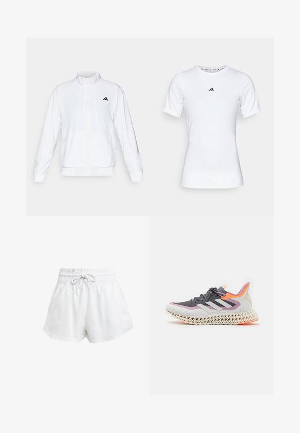 White athletic jacket with a stand-up collar, long sleeves, and a zip front. Features a black logo on the upper left side. Smooth texture.; White athletic shirt with short sleeves, made of smooth, stretch fabric. Features a small black Adidas logo on the chest.; White athletic shorts with an elastic waistband and adjustable drawstring. Made from lightweight material, featuring side pockets and a loose fit.; adidas Performance 4DFWD 2 W - Road running shoes - grey