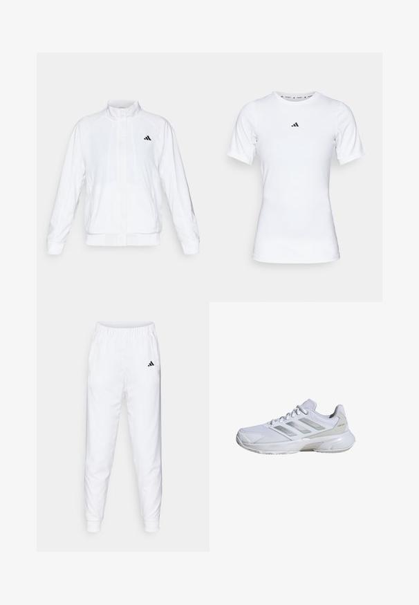 White athletic jacket with a stand-up collar, long sleeves, and a zip front. Features a black logo on the upper left side. Smooth texture.; White athletic shirt with short sleeves, made of smooth, stretch fabric. Features a small black Adidas logo on the chest.; White athletic pants with elastic waistband and cuffs. Features side pockets and a small black logo on the left thigh. Smooth fabric finish.; White athletic shoe with breathable mesh upper, silver accents, cushioned sole, and secure lacing system. Textured paneling on sides.