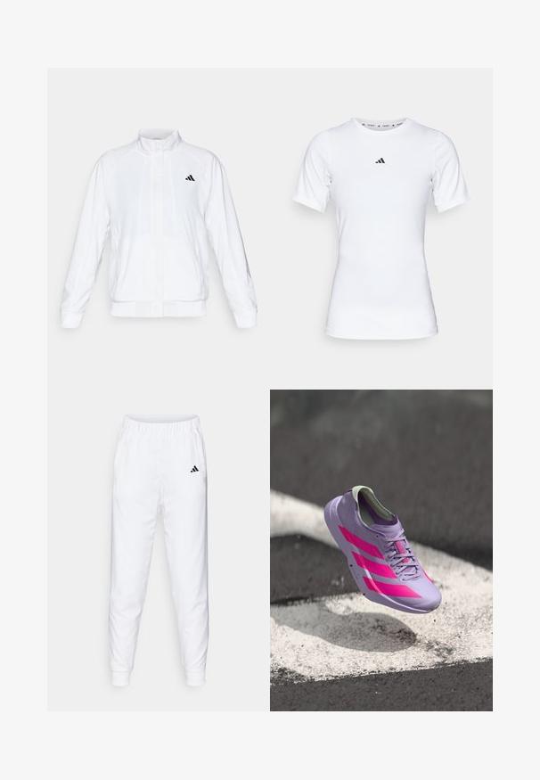 Casaco atlético branco com colarinho alto, mangas longas e fecho à frente com zip. Apresenta um logotipo preto no lado superior esquerdo. Textura suave.; Camisola atlética branca com mangas curtas, feita de tecido liso e elástico. Apresenta um pequeno logotipo preto da Adidas no peito.; Calças atléticas brancas com cintura elástica e punhos. Apresentam bolsos laterais e um pequeno logo preto na coxa esquerda. Acabamento de tecido suave.; Sapatilha de corrida lilás clara com riscas e detalhes cor-de-rosa, apresentando um design elegante, parte superior texturizada e colarinho acolchoado. Flutuando acima de uma superfície.