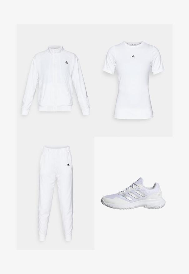 Valge spordijakk, millel on püsti krae, pikad varrukad ja lukuga eesmine osa. Ülemisel vasakul küljel on must logo. Sile tekstuur.; Valge lühikeste varrukatega sportlik särk, mis on valmistatud siledast ja venivast kangast. Rinnal on väike must Adidas'i logo.; Valged spordipüksid elastse vöökoht ja pükste alumine serv. Omavad küljetaskuid ja väikest musta logo vasakul reitel. Sile kangast viimistlus.; Valgetelefussis valged spordijalatsid, millel on võrgust pealmine osa, tekstureeritud paneelid ja hõbedased detailid. Omab pehmendusega põhja ja ümarat varba disaini.