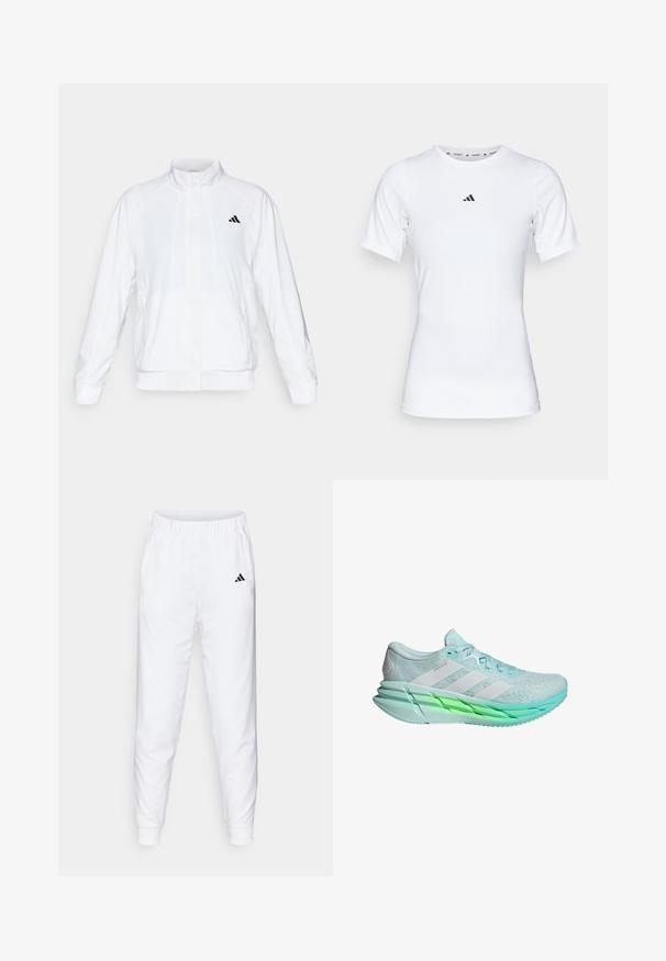 Biela športová bunda so stojatým golierom, dlhými rukávmi a zipsom vpredu. Obsahuje čierne logo na hornej ľavej strane. Hladká textúra.; Biela športová tričko s krátkymi rukávmi, vyrobené z hladkej, elastickej tkaniny. Obsahuje malé čierne logo Adidas na hrudi.; Biele športové nohavice s elastickým pásom a manžetami. Obsahujú bočné vrecká a malé čierne logo na ľavom stehne. Hladký povrch tkaniny.; Svetlomodrá bežecká obuv s textúrovaným pletivovým zvrškom, tromi bielymi pruhmi a zeleným podošvom. Obsahuje polstrovaný golier a ploché šnúrky.
