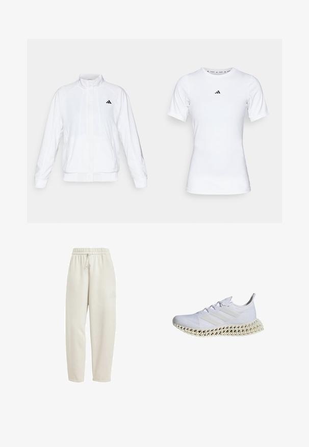 Bílá sportovní bunda se stojáčkem, dlouhými rukávy a zipem vpředu. Obsahuje černé logo na horní levé straně. Hladká textura.; Bílé sportovní tričko s krátkým rukávem, vyrobené z hladké, elastické látky. Na hrudi se nachází malé černé logo Adidas.; Světlé béžové tepláky vyrobené z měkké látky, s elastickým pasem na šňůrku a decentním logem na boku.; Bílé sportovní boty s texturovaným, prodyšným síťovaným svrškem, s třemi bílými pruhy a výraznou středovou podrážkou ve stylu mřížky.