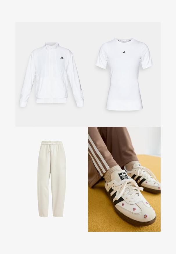 Bela atletska jakna s visokim ovratnikom, dolgimi rokavi in zadrgo spredaj. Ima črni logotip na zgornji levi strani. Gladka tekstura.; Bela športna majica s kratkimi rokavi, narejena iz gladkega, elastičnega materiala. Na prsih ima majhen črn logotip Adidas.; Svetlo bež trenerke iz mehkega blaga, ki imajo elastičen pas z vrvico in diskreten logotip na strani.; Bež usnjeni športni copati s tremi črnimi črtami in cvetličnim vezenjem v vijolični in rumeni barvi. Rjav gumijast podplat. Združeni z bež rebrastimi nogavicami.