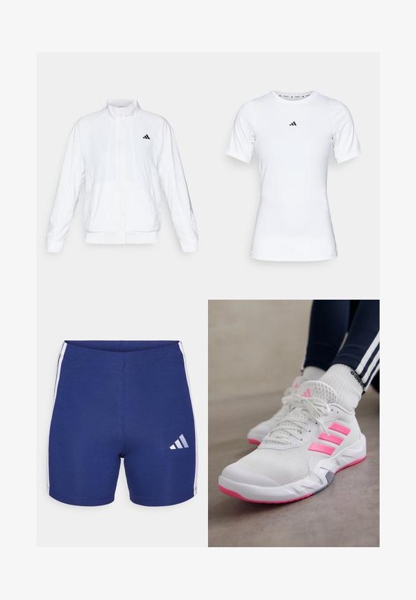 Bela atletska jakna s visokim ovratnikom, dolgimi rokavi in zadrgo spredaj. Ima črni logotip na zgornji levi strani. Gladka tekstura.; Bela športna majica s kratkimi rokavi, narejena iz gladkega, elastičnega materiala. Na prsih ima majhen črn logotip Adidas.; Mornarska športna kratka hlače iz raztegljive tkanine z belimi stranskimi črtami in odsevnim logotipom Adidasom na levem stegnu.; Bele atletske čevlje bele barve z roza črtami in podplati, nosijo se z belimi nogavicami Adidas in temno modrimi hlačami z belimi črtami, na sivi tla.
