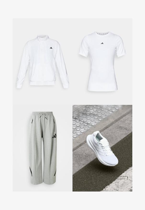 Witte sportieve jack met een opstaande kraag, lange mouwen en een rits aan de voorkant. Heeft een zwart logo op de bovenste linkerzijde. Glad textuur.; Witte sportshirt met korte mouwen, gemaakt van zachte, rekbare stof. Voorzien van een klein zwart Adidas-logo op de borst.; Lichtgrijze sweatpants van zacht materiaal met een elastische tailleband, trekkoord en zwarte accenten op de zakken en zijkanten.; Witte sportschoen met een bovenwerk van mesh, vetersluiting en een textuurrijke zool. Subtiele branding en naadloze constructiedetails zichtbaar.