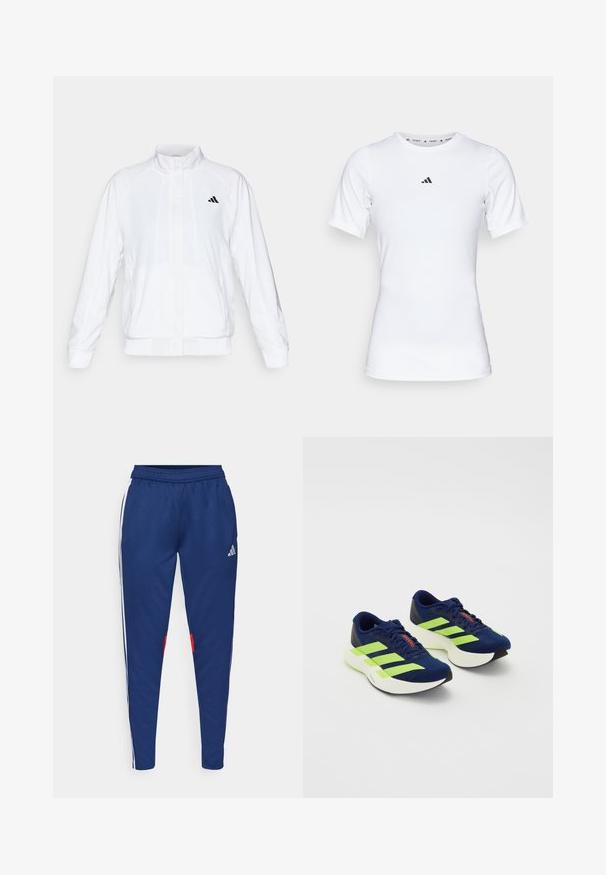 Veste de sport blanche avec un col montant, des manches longues et une fermeture éclair sur le devant. Présente un logo noir sur le côté supérieur gauche. Texture lisse.; T-shirt de sport blanc à manches courtes, fabriqué en tissu lisse et extensible. Doté d'un petit logo noir Adidas sur la poitrine.; Pantalons de sport navy avec des rayures blanches sur les côtés, taille élastique et accents rouges près de l'ourlet. Fabriqués en tissu lisse et léger.; Des chaussures de course bleu marine avec des rayures vert fluo, un dessus texturé, une semelle blanche rembourrée, un design à lacets et un accent rouge sur la languette.