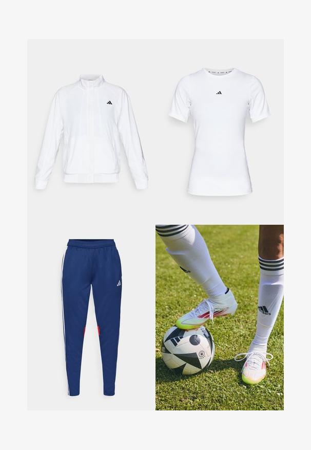 Biela športová bunda so stojatým golierom, dlhými rukávmi a zipsom vpredu. Obsahuje čierne logo na hornej ľavej strane. Hladká textúra.; Biela športová tričko s krátkymi rukávmi, vyrobené z hladkej, elastickej tkaniny. Obsahuje malé čierne logo Adidas na hrudi.; Námořnické tepláky s bílými bočními pruhy, elastickým pasem a červenými akcenty poblíž lemu. Vyrobené z hladké, lehké látky.; Biele futbalové kopačky s červenými akcentami, položené na čierno-bielom futbalovom míči, na tráve so zreteľne viditeľnými bielymi ponožkami a pruhmi.