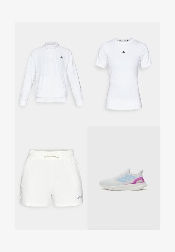 Casaco atlético branco com colarinho alto, mangas longas e fecho à frente com zip. Apresenta um logotipo preto no lado superior esquerdo. Textura suave.; Camisola atlética branca com mangas curtas, feita de tecido liso e elástico. Apresenta um pequeno logotipo preto da Adidas no peito.; Calções brancos com cintura elástica em tecido suave, apresentando um cordão, bolsos e um pequeno logotipo azul no canto inferior esquerdo.; adidas Performance PUREBOOST 5 - Sapatos para corrida em estrada - white/glow blue/purple burst