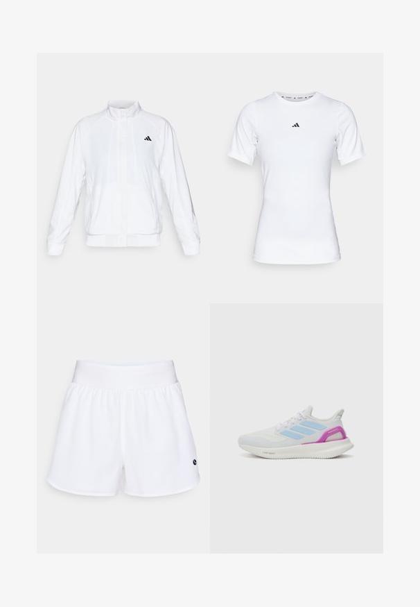 Chaqueta deportiva blanca con cuello alto, mangas largas y cierre de cremallera frontal. Presenta un logo negro en la parte superior izquierda. Textura suave.; Camiseta deportiva blanca de manga corta, hecha de una tela suave y elástica. Presenta un pequeño logo negro de Adidas en el pecho.; Pantalones cortos deportivos de tela blanca con una cintura elástica y un pequeño logo en azul marino. Textura suave, hasta la rodilla, con aberturas laterales para mayor movilidad.; adidas Performance PUREBOOST 5 - Zapatillas running asfalto - white/glow blue/purple burst