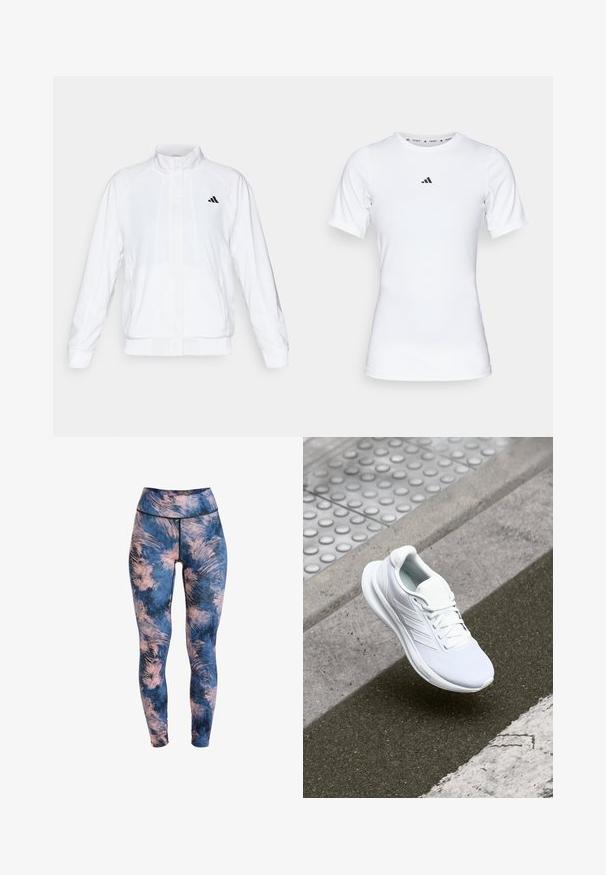 Bílá sportovní bunda se stojáčkem, dlouhými rukávy a zipem vpředu. Obsahuje černé logo na horní levé straně. Hladká textura.; Bílé sportovní tričko s krátkým rukávem, vyrobené z hladké, elastické látky. Na hrudi se nachází malé černé logo Adidas.; Legíny s modro-růžovým tie-dye vzorem, s vysokým pasem, elastickým materiálem a plochými švy pro maximální pohodlí.; Bílé sportovní boty s vrchní částí z síťoviny, šněrovacím designem a texturovanou podrážkou. Jemné logo a detaily bez švů jsou viditelné.