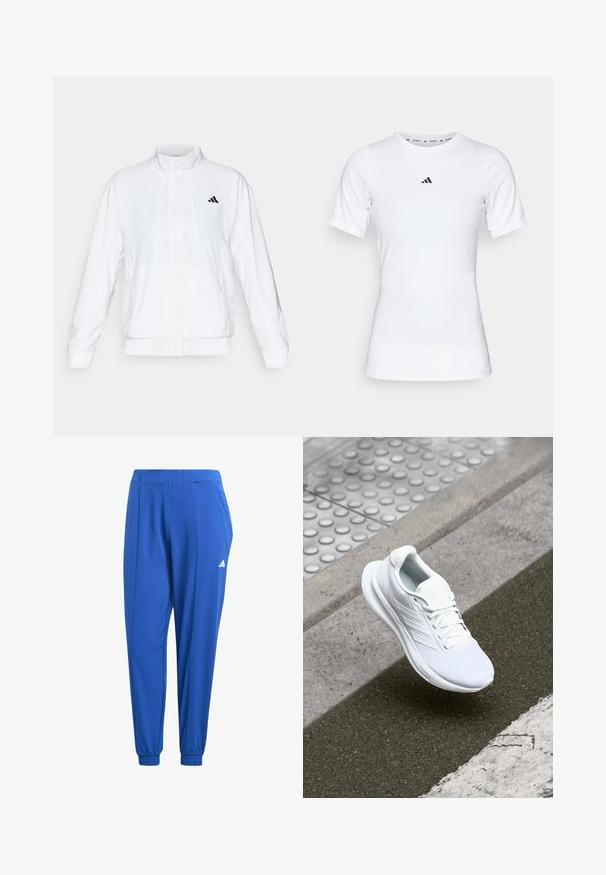 Hvid atletisk jakke med opretstående krave, lange ærmer og lynlås fortil. Har et sort logo på den øverste venstre side. Glat tekstur.; Hvid atletisk skjorte med korte ærmer, lavet af glat, strækbart stof. Har et lille sort Adidas-logo på brystet.; adidas Performance AEROREADY ESSENTIALS MINIMAL BRANDING WOVEN - Træningsbukser - semi lucid blue; Hvide sportsko med overdel i netmateriale, snørebåndsdesign og struktureret sål. Subtile branding og sømløse konstruktionsdetaljer er synlige.