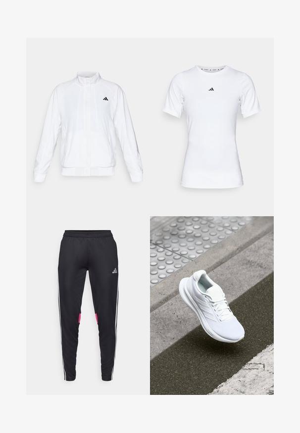 Witte sportieve jack met een opstaande kraag, lange mouwen en een rits aan de voorkant. Heeft een zwart logo op de bovenste linkerzijde. Glad textuur.; Witte sportshirt met korte mouwen, gemaakt van zachte, rekbare stof. Voorzien van een klein zwart Adidas-logo op de borst.; Zwarte sportbroek met elastische tailleband, witte zijsstripes, roze details op de zakken en een zilveren logo op de bovenkant van het linkerbeen.; Witte sportschoen met een bovenwerk van mesh, vetersluiting en een textuurrijke zool. Subtiele branding en naadloze constructiedetails zichtbaar.