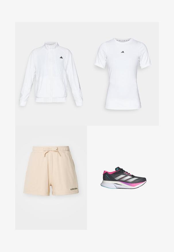 Chaqueta deportiva blanca con cuello alto, mangas largas y cierre de cremallera frontal. Presenta un logo negro en la parte superior izquierda. Textura suave.; Camiseta deportiva blanca de manga corta, hecha de una tela suave y elástica. Presenta un pequeño logo negro de Adidas en el pecho.; Pantalones cortos beige hechos de una tela suave, con una cintura elástica y cordón de ajuste, y un pequeño logo verde en la parte inferior izquierda.; Zapatilla de correr con parte superior de malla gris, acentos en rosa y rayas blancas. Cuenta con una suela acolchada y un diseño elegante y aerodinámico.