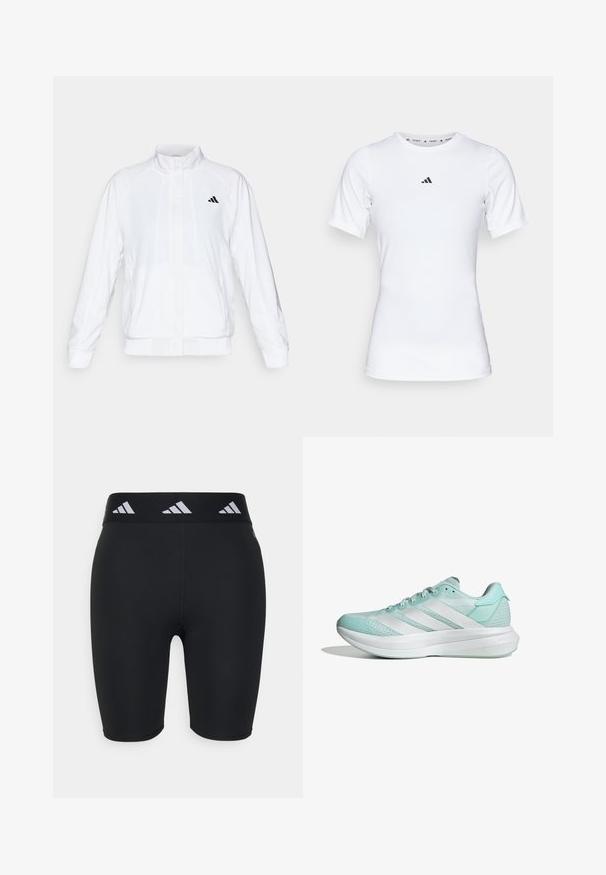 Chaqueta deportiva blanca con cuello alto, mangas largas y cierre de cremallera frontal. Presenta un logo negro en la parte superior izquierda. Textura suave.; Camiseta deportiva blanca de manga corta, hecha de una tela suave y elástica. Presenta un pequeño logo negro de Adidas en el pecho.; Pantalones cortos deportivos negros con un diseño ajustado, realizados en material elástico. Cuentan con una cinturilla ancha negra con acentos de marca en blanco.; Zapatilla de correr de color azul claro con parte superior de malla, tres rayas blancas en el lateral, cuello acolchado y suela texturizada para tracción.