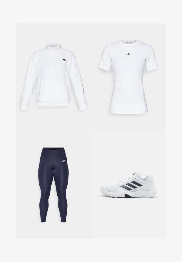 White athletic jacket with a stand-up collar, long sleeves, and a zip front. Features a black logo on the upper left side. Smooth texture.; White athletic shirt with short sleeves, made of smooth, stretch fabric. Features a small black Adidas logo on the chest.; adidas Performance OPT ESS ST 1/1 - Leggings - legend ink; White athletic shoe with mesh upper, three black stripes on the side, textured accents, and a sturdy rubber sole with a contrasting black section.
