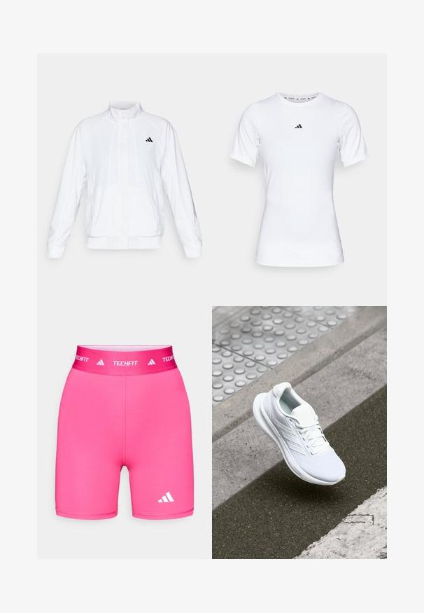 Weiße Sportjacke mit Stehkragen, langen Ärmeln und Reißverschluss vorne. Mit einem schwarzen Logo auf der oberen linken Seite. Glatte Textur.; Weißes Sportshirt mit kurzen Ärmeln, aus glattem, dehnbarem Stoff. Mit kleinem schwarzem Adidas-Logo auf der Brust.; Rosa sportliche Shorts aus dehnbarem Material mit breitem Bund, der mit "TECHFIT" beschriftet ist, und einem kleinen weißen Logo am Bein.; Weiße Sportschuhe mit einem Obermaterial aus Mesh, Schnürdesign und strukturiertem Sohlen. Dezente Branding- und nahtlose Konstruktionsdetails sichtbar.