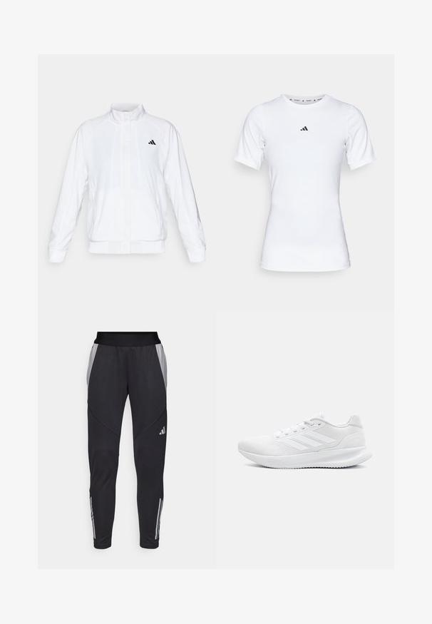 White athletic jacket with a stand-up collar, long sleeves, and a zip front. Features a black logo on the upper left side. Smooth texture.; White athletic shirt with short sleeves, made of smooth, stretch fabric. Features a small black Adidas logo on the chest.; Black athletic pants with a fitted design, featuring light gray side panels and subtle three-stripe accents near the ankles.; White athletic shoes made of mesh material, featuring a sleek design, round toe, structured heel, and three stripes on the outer side.