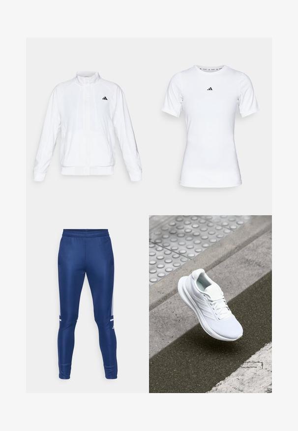 Bílá sportovní bunda se stojáčkem, dlouhými rukávy a zipem vpředu. Obsahuje černé logo na horní levé straně. Hladká textura.; Bílé sportovní tričko s krátkým rukávem, vyrobené z hladké, elastické látky. Na hrudi se nachází malé černé logo Adidas.; Námořnické sportovní kalhoty s tapered střihem, vyrobené z hladké tkaniny, s bílými bočními pruhy a elastickým pasem.; Bílé sportovní boty s vrchní částí z síťoviny, šněrovacím designem a texturovanou podrážkou. Jemné logo a detaily bez švů jsou viditelné.