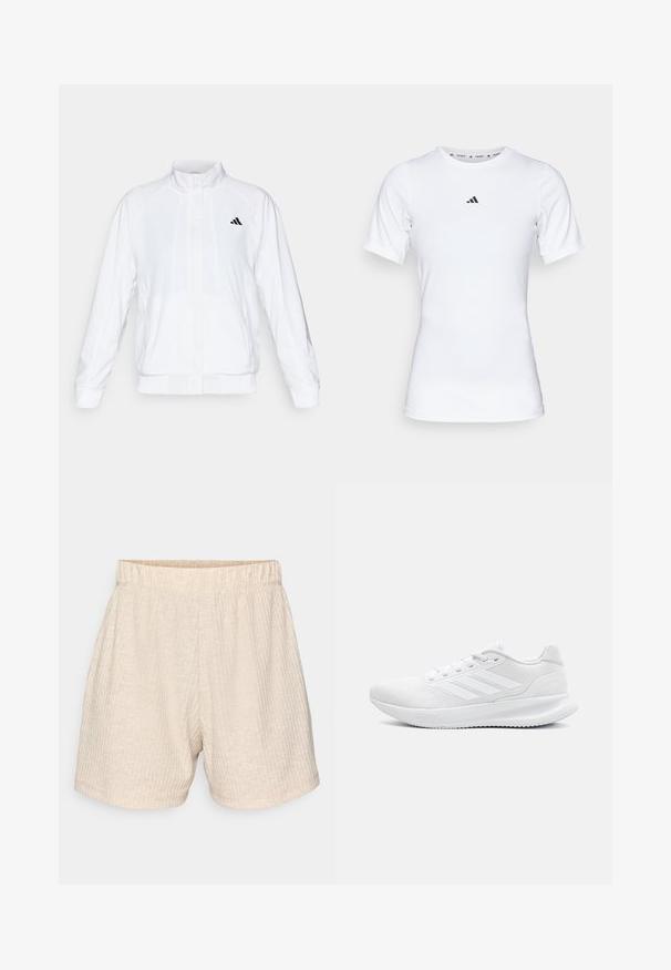 Vit idrottsjacka med ståkrage, långa ärmar och dragkedja fram. Innehåller en svart logotyp på övre vänstra sidan. Slät textur.; Vit idrottströja med korta ärmar, tillverkad i ett slätt, stretchigt material. Har en liten svart Adidas-logotyp på bröstet.; Beige, texturerade shorts med elastisk midja. Har subtila vertikala ränder och en avslappnad, rak skärning. Inga fickor.; Vita sportskor gjorda av nätmaterial, med en snygg design, rund tå, strukturerad klack och tre ränder på utsidan.