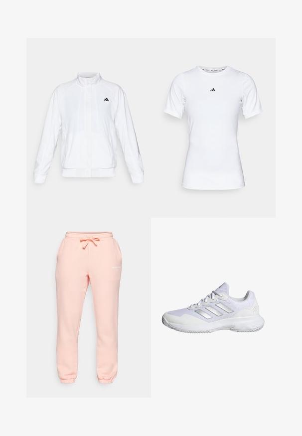 Bijela atletska jakna s uzdignutim ovratnikom, dugim rukavima i patentnim zatvaračem sprijeda. Ima crni logo na gornjem lijevom dijelu. Glatka tekstura.; Bjela atletska majica s kratkim rukavima, izrađena od glatkog, rastezljivog materijala. Na prsima se nalazi mali crni Adidas logo.; Björn Borg ESSENTIAL PANTS - Donji dijelovi trenirke - apricot blush; Bijela atletska cipela s mrežastim gornjištem, teksturiranim panelima i srebrnim detaljima. Ima podstavljeni potplat i dizajn okruglog prsta.
