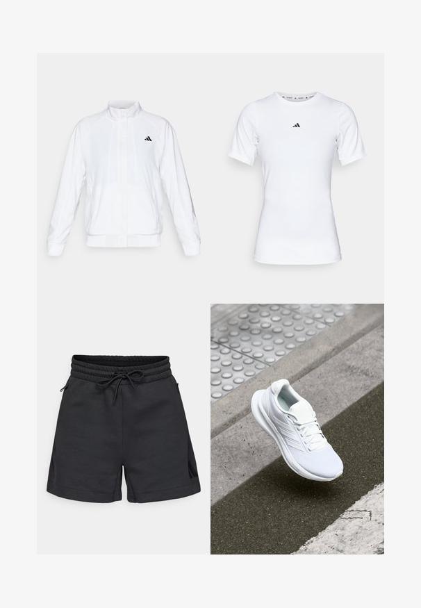 Balts sporta žakets ar stāvām apkaklēm, garām piedurknēm un rāvējslēdzēja priekšpusi. Tam ir melns logo augšējā kreisajā pusē. Gluda tekstūra.; Balts sporta krekls ar īsām piedurknēm, izgatavots no gludas, elastīgas auduma. Uz krūšu ir neliels melns Adidas logo.; Melni sporta šorti, izgatavoti no mīksta auduma, ar elastīgu jostu un auklu, sānu kabatām un diskretiem šķēlumiem.; Balta sporta apava, kas izgatavota no acu materiāla, ar sasaistes dizainu un teksturētu zoli. Redzamas smalkas zīmola detaļas un bezšuvju konstrukcija.