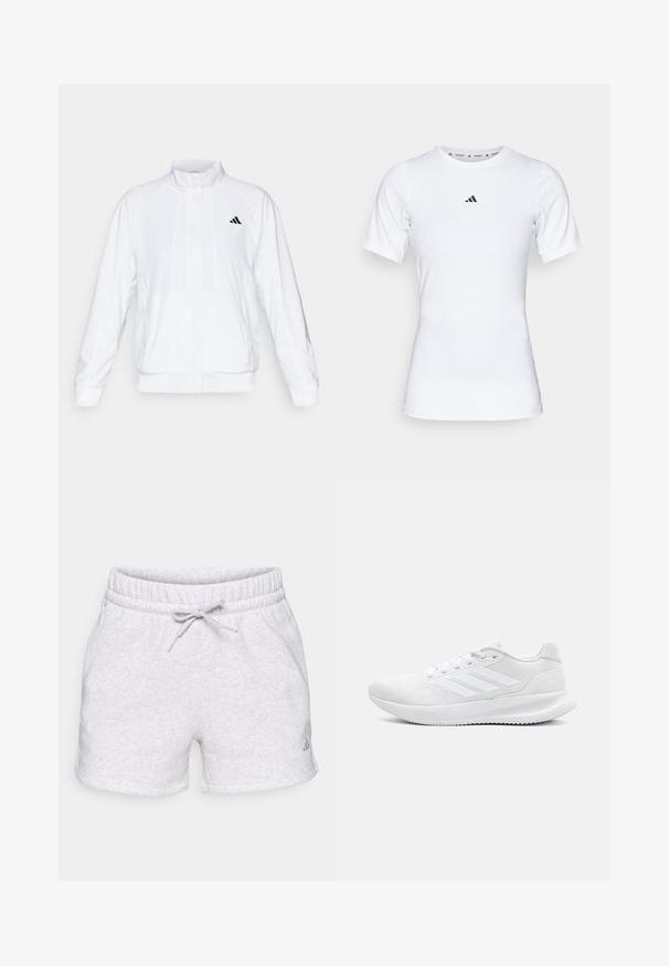 Valge spordijakk, millel on püsti krae, pikad varrukad ja lukuga eesmine osa. Ülemisel vasakul küljel on must logo. Sile tekstuur.; Valge lühikeste varrukatega sportlik särk, mis on valmistatud siledast ja venivast kangast. Rinnal on väike must Adidas'i logo.; Hallid puuvillased lühikesed püksid, millel on elastne vöökoht, reguleeritav nööp ja väike sinine logo alumises vasakus nurgas. Sile tekstuur.; Valged spordijalatsid, mis on valmistatud võrkmaterjalist, millel on siledisain, ümmargune varvas, struktureeritud konts ja kolm triipu välisküljel.