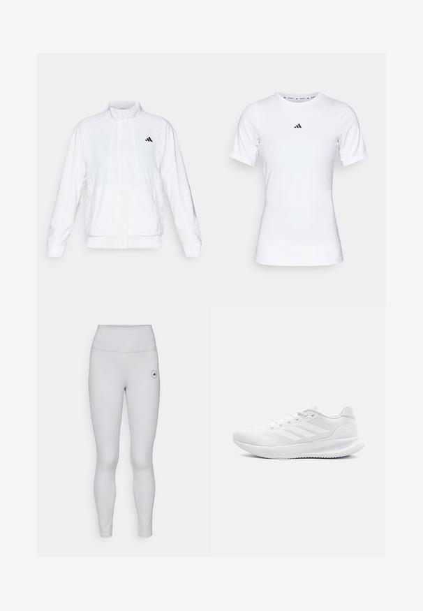 Veste de sport blanche avec un col montant, des manches longues et une fermeture éclair sur le devant. Présente un logo noir sur le côté supérieur gauche. Texture lisse.; T-shirt de sport blanc à manches courtes, fabriqué en tissu lisse et extensible. Doté d'un petit logo noir Adidas sur la poitrine.; Leggings gris clair avec une taille haute, texture lisse, et un petit logo noir sur la cuisse gauche. Détails de couture subtils tout au long.; Baskets blanches en matériau en mesh, avec un design élégant, une pointe ronde, un talon structuré et trois rayures sur le côté extérieur.