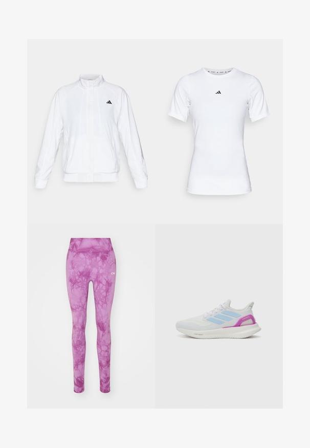 Valge spordijakk, millel on püsti krae, pikad varrukad ja lukuga eesmine osa. Ülemisel vasakul küljel on must logo. Sile tekstuur.; Valge lühikeste varrukatega sportlik särk, mis on valmistatud siledast ja venivast kangast. Rinnal on väike must Adidas'i logo.; Roosad retuusid marmoreeritud mustriga, koos veniva vöökoha ja sileda tekstuuriga. Brändi logo on küljes valgena.; adidas Performance PUREBOOST 5 - Maanteejooksu jalatsid - white/glow blue/purple burst