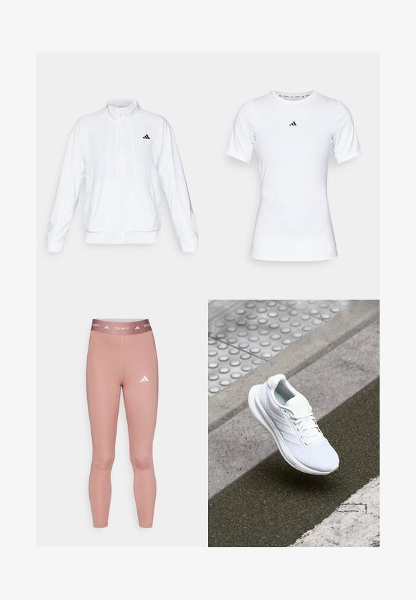 White athletic jacket with a stand-up collar, long sleeves, and a zip front. Features a black logo on the upper left side. Smooth texture.; White athletic shirt with short sleeves, made of smooth, stretch fabric. Features a small black Adidas logo on the chest.; Techfit leggings in a soft pink color, made from stretchy material, featuring a fitted design and a white logo on the lower leg and waistband.; White athletic shoe featuring a mesh upper, lace-up design, and textured sole. Subtle branding and seamless construction details visible.