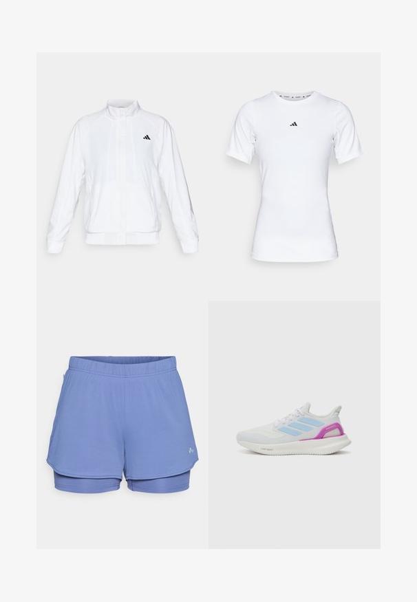 Fehér sportdzseki álló gallérral, hosszú ujjal és cipzáros elülső résszel. A bal felső oldalon fekete logó található. Simább textúrája van.; Fehér sportpóló, rövid ujjú, sima, rugalmas anyagból készült. Kicsi fekete Adidas logó található a mellkasán.; Világoskék sportnadrág, amely texturált anyagból készült, elasztikus derékpánttal, belső béléssel és egy diszkrét logóval az oldalon.; adidas Performance PUREBOOST 5 - Utcai futócipők - white/glow blue/purple burst