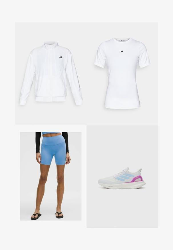 Balta sportinė striukė su aukštu apykakle, ilgomis rankovėmis ir užtrauktuku priekyje. Viršutinėje kairėje pusėje yra juodas logotipas. Lygus audinys.; Balta sportinė maikutė trumpomis rankovėmis, pagaminta iš lygaus, elastingo audinio. Ant krūtinės yra mažas juodas Adidas logotipas.; Šviesiai mėlynos sportinės šortai, pagaminti iš lygios, tamprios medžiagos. Turi aukštą liemenį ir prigludusį dizainą, derinami su juodais flip-flop sandalais.; adidas Performance PUREBOOST 5 - Bėgimo batai plentui - white/glow blue/purple burst