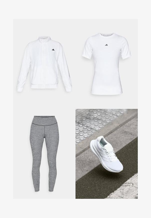 Valkoinen urheilujakku, jossa on pystysuora kaulus, pitkät hihat ja vetoketjukiinnitys. Vasemmassa ylälaidassa on musta logo. Silkkinen pinta.; Valkoinen urheilupaita lyhyillä hihoilla, valmistettu sileästä ja joustavasta kankaasta. Rinnassa on pieni musta Adidas-logo.; Harmaa, korkeavyötäröiset leggingsit, joissa on teksturoitu kangas. Suunniteltu istuvaksi muotoksi, jossa on saumatonta vyötärönauhaa eikä näkyvää varustusta.; Valkoiset urheilukengät, joissa on verkkopinta, nauhakiinnitys ja teksturoitu pohja. Huomaamaton brändäys ja saumatonta rakennetta korostavat yksityiskohdat.