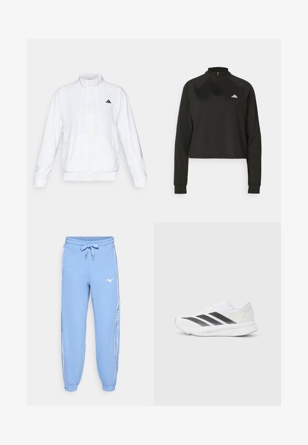Casaco atlético branco com colarinho alto, mangas longas e fecho à frente com zip. Apresenta um logotipo preto no lado superior esquerdo. Textura suave.; Pullover preto de fecho de correr de um quarto, feito de um tecido suave com mangas longas, apresentando uma gola alta e um logotipo branco no lado esquerdo do peito.; Joggers de algodão azul claros com cintura elástica, cordão, punhos canelados e riscas laterais brancas com design de logotipo e texto.; Shoe atlético branco com riscas diagonais pretas, parte superior em malha, bico arredondado e sola texturizada. Os destaques incluem um calcanhar prateado e um design minimalista.