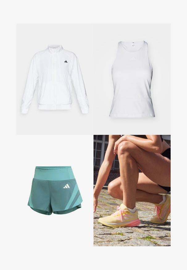 Chaqueta deportiva blanca con cuello alto, mangas largas y cierre de cremallera frontal. Presenta un logo negro en la parte superior izquierda. Textura suave.; Top deportivo sin mangas blanco con cuello redondo, textura suave y logo tonal sutil en el pecho. Línea de dobladillo recta en la cintura.; Pantalones cortos deportivos de color teal claro con cintura alta, rayas laterales y logotipo de Adidas en blanco en la parte delantera derecha.; adidas Performance SUPERNOVA STRIDE - Zapatillas running asfalto - almost yellow/zero metallic/pink spark