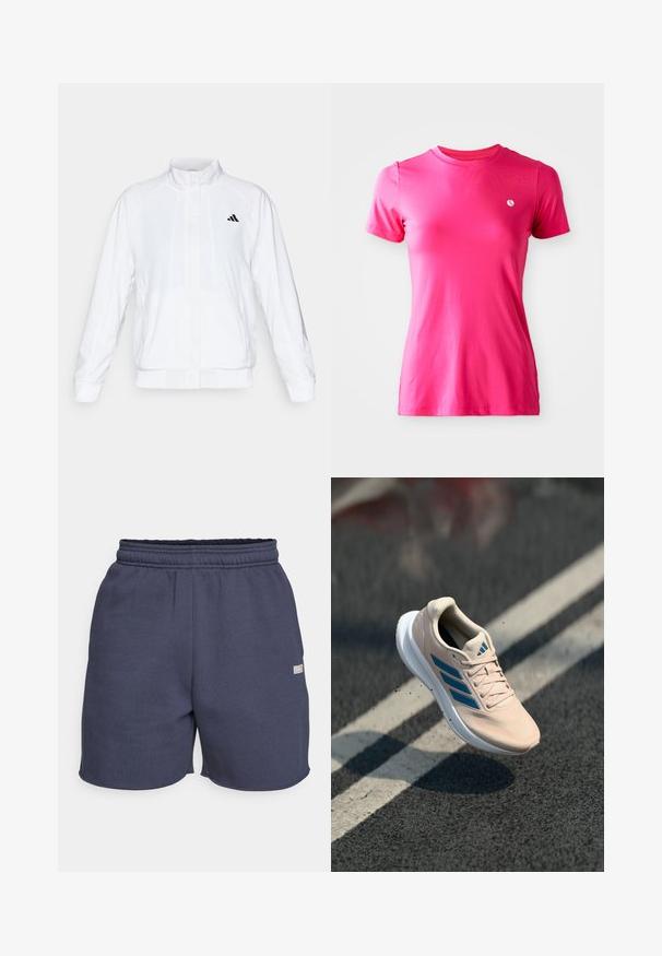 Valge spordijakk, millel on püsti krae, pikad varrukad ja lukuga eesmine osa. Ülemisel vasakul küljel on must logo. Sile tekstuur.; Lühikeste varrukatega, ümmarguse kaelusega t-särk heleroosa kangast, mille vasakul rinnatükil on väike valge logo ning sile tekstuur.; Tumedased, elastse vöökohtadega lühikesed püksid, mis on valmistatud pehmest kangast ja millel on sile pind, peale sellega on külgedel väike logotag.; Hele roosa spordijalats siniste aktsentidega, võrgust pealmine osa, paeltega sulgemine ja valge tald. Omab kolme külgriba logodetaili.