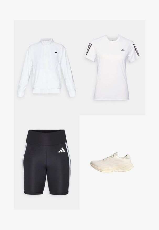 Witte sportieve jack met een opstaande kraag, lange mouwen en een rits aan de voorkant. Heeft een zwart logo op de bovenste linkerzijde. Glad textuur.; Witte sportieve t-shirt gemaakt van glad, lichtgewicht materiaal. Heeft zwarte drie-streep-accenten op de schouders en een klein zwart logo op de borst.; Zwarte sportieve shorts met een hoge tailleband, witte zijstripes en een klein wit logo. Glad materiaal met een aansluitend ontwerp.; Lichtbeige sportschoen met een bovenwerk van mesh, platte veters en een gevoerde zool. Heeft een ontwerp met drie strepen aan de zijkant.
