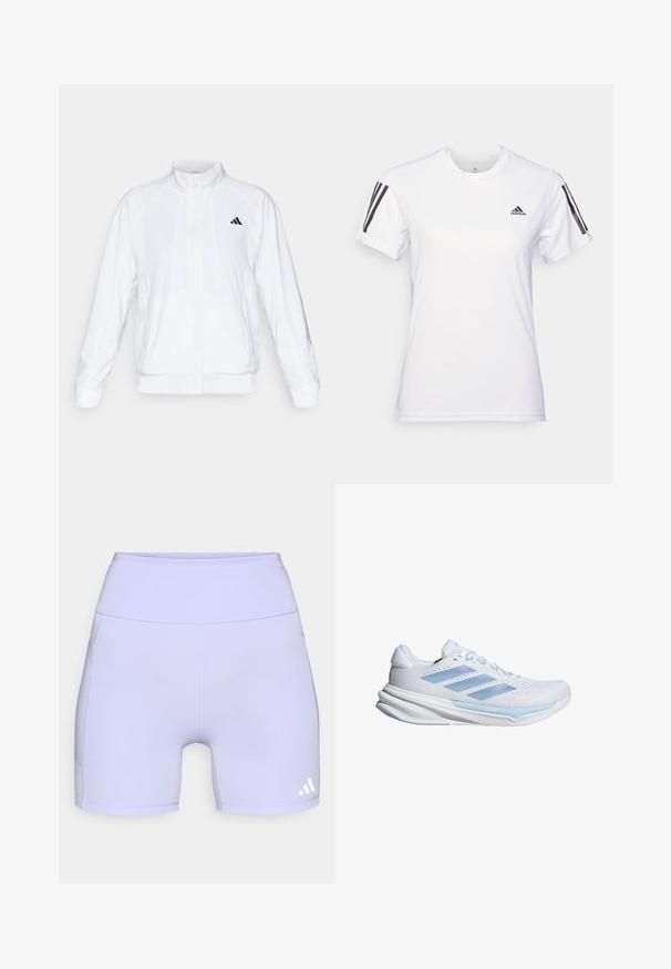 Veste de sport blanche avec un col montant, des manches longues et une fermeture éclair sur le devant. Présente un logo noir sur le côté supérieur gauche. Texture lisse.; T-shirt de sport blanc en tissu lisse et léger. Présente des accents noirs à trois rayures sur les épaules et un petit logo noir sur la poitrine.; Shorts de sport lilas en tissu extensible, avec une taille haute et des coutures latérales, ornés d'un logo blanc sur le bas.; Baskets de course blanches avec des accents bleu clair, tige en maille respirante, design à trois bandes, semelle rembourrée et semelle extérieure à traction texturée.